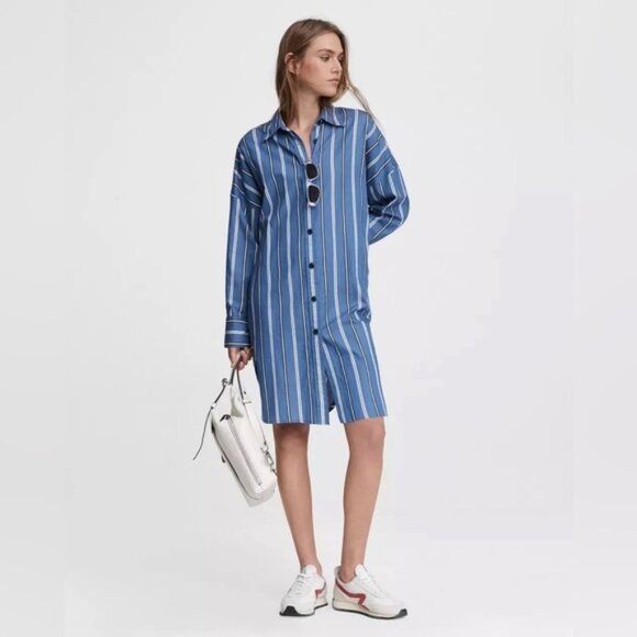 RAG & BONE Sandra Striped Mini Dress Blue Button Front Size XL - Picture 1 of 8